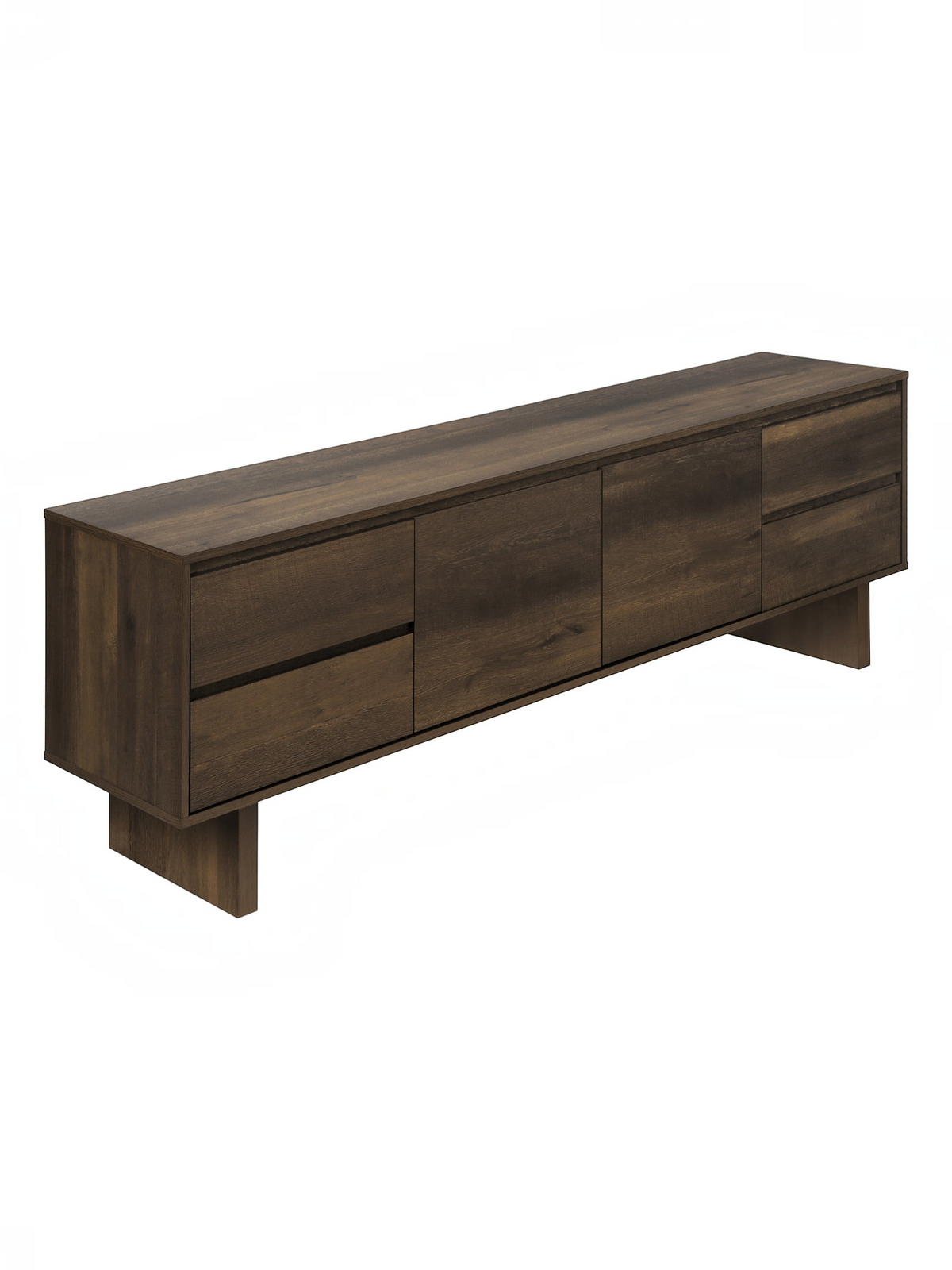 Meuble télé Laurent de TOCO Meubles en bois foncé avec tiroirs et portes, design moderne et épuré