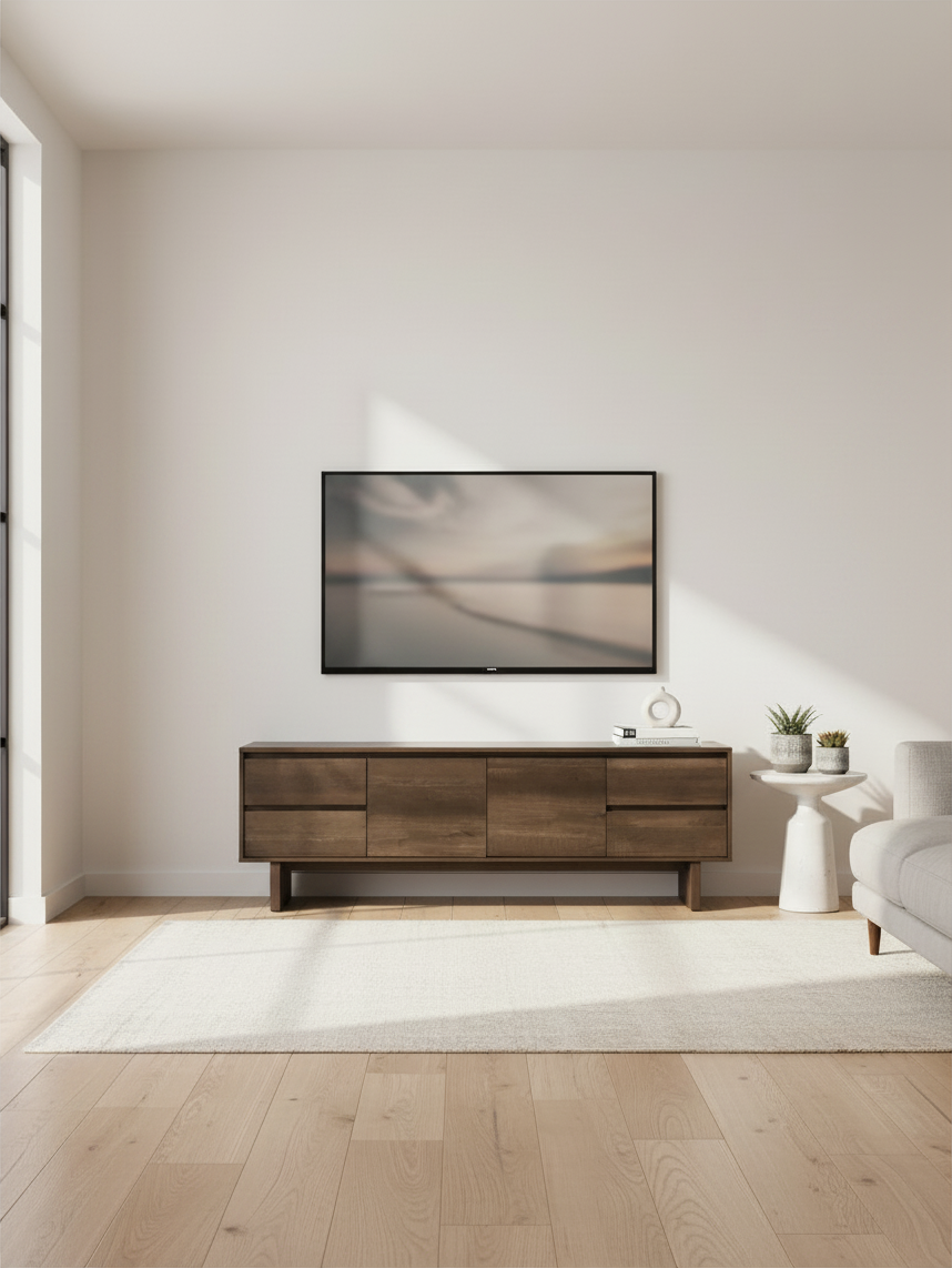Meuble télé Laurent en bois foncé par TOCO Meubles dans un salon minimaliste avec tapis clair et télévision murale