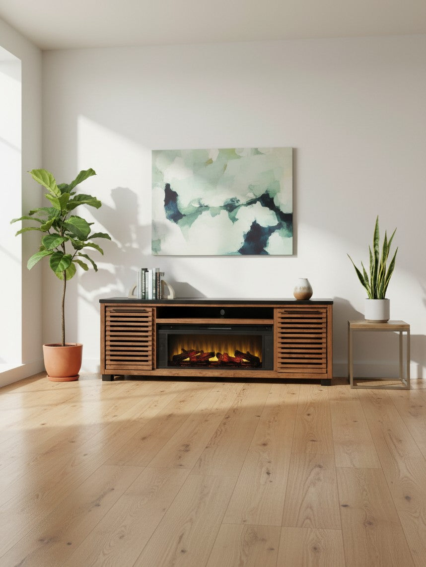 Meuble télé TOCO Meubles Victor 84 pouces en bois avec foyer électrique intégré dans un salon lumineux