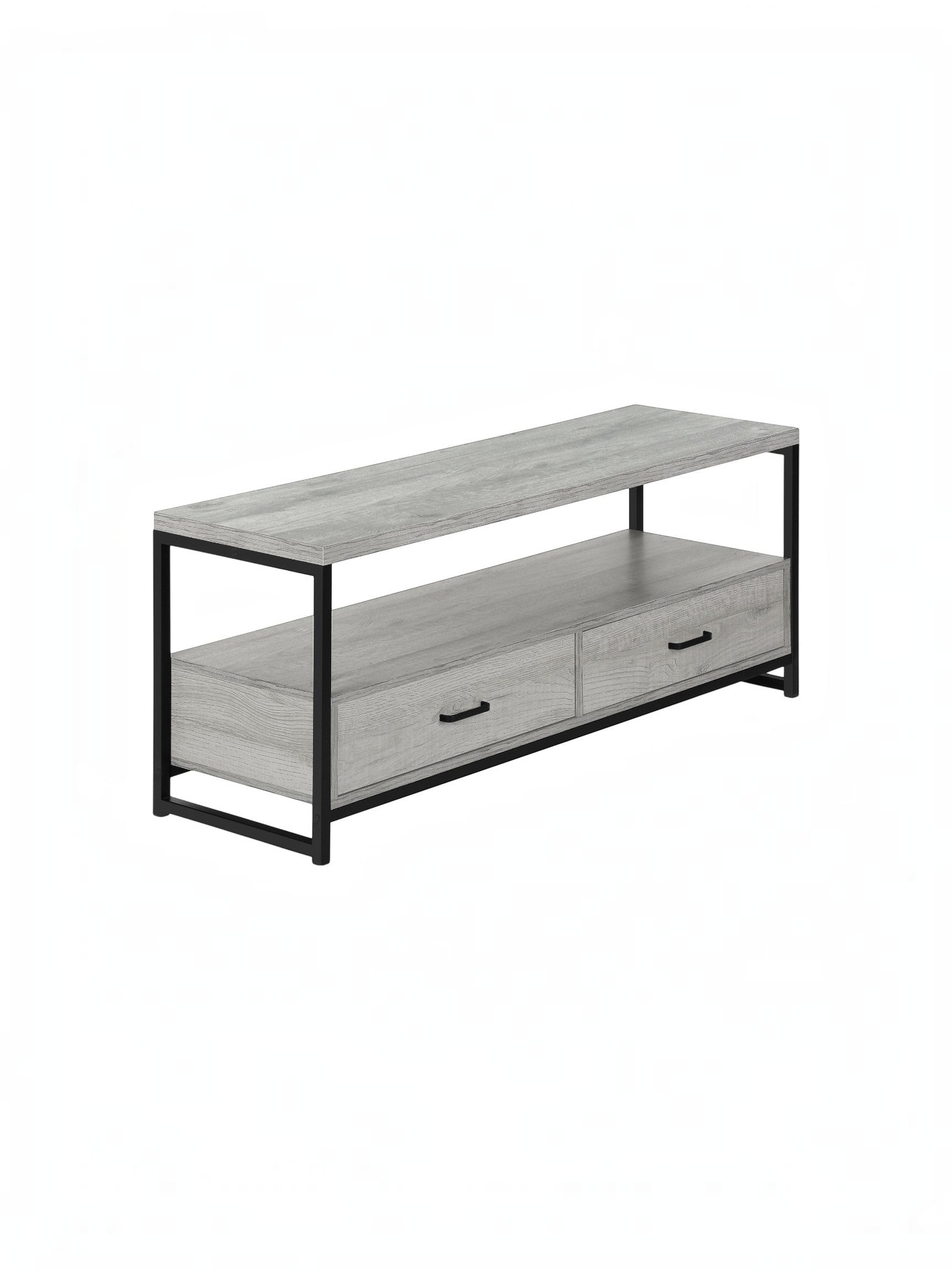 Meuble télé Yori 48 pouces TOCO Meubles en bois gris avec structure en métal noir et deux tiroirs de rangement