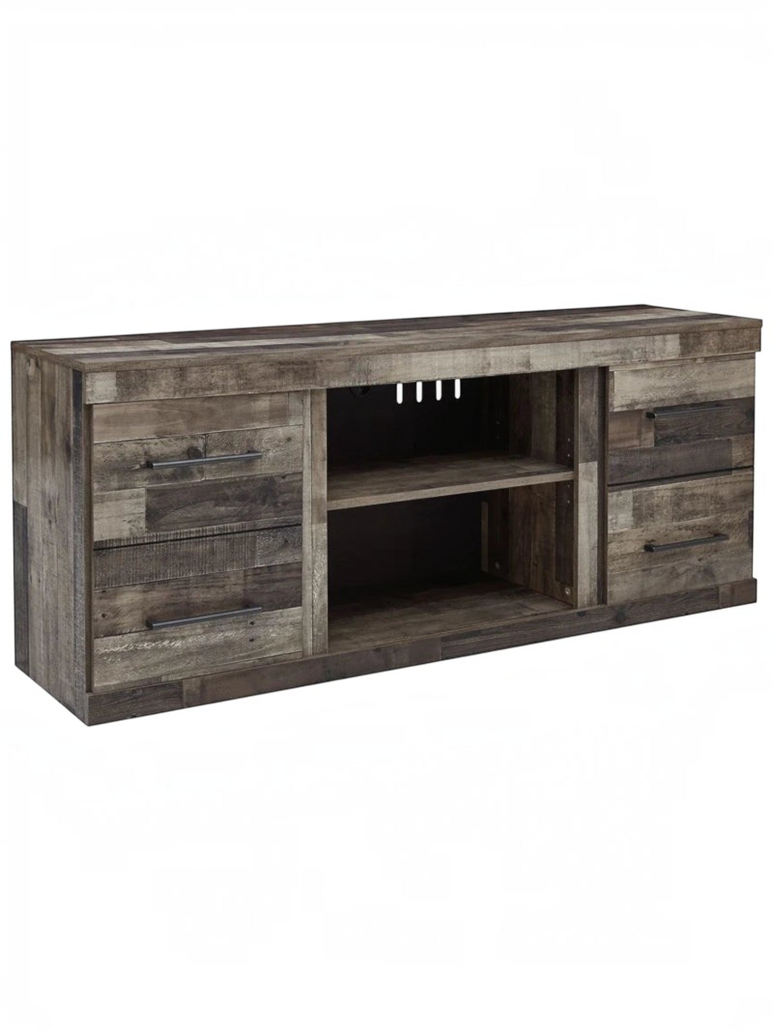 Meuble télé TOCO Meubles Derek 60 pouces en bois gris rustique avec tiroirs et étagères centrales