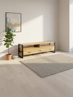 Meuble télé Mango 72 pouces TOCO Meubles en bois clair avec structure en métal noir et trois tiroirs de rangement