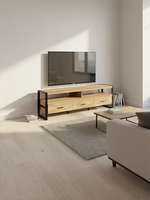 Meuble télé TOCO Meubles Mango 72 pouces en bois clair avec structure en métal noir et trois tiroirs de rangement