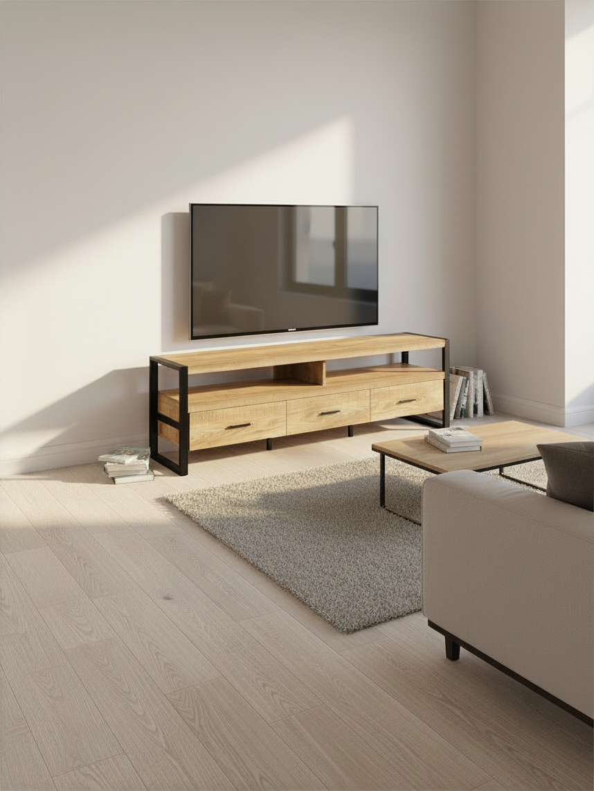 Meuble télé TOCO Meubles Mango 72 pouces en bois clair avec structure en métal noir et trois tiroirs de rangement