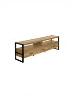 Meuble télé TOCO Meubles Mango 72 pouces en bois brun avec structure en métal noir et trois tiroirs de rangement