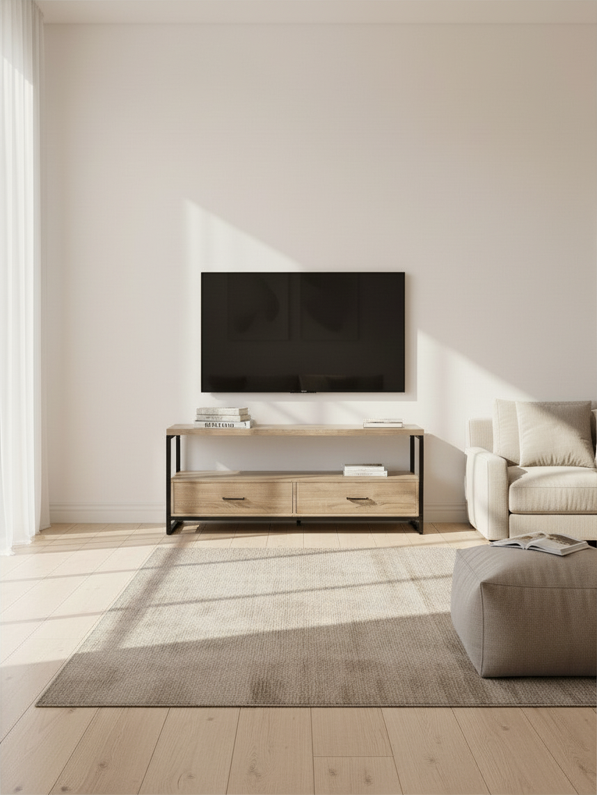 Meuble télé Yori 48 pouces par TOCO Meubles en bois clair avec structure en métal noir dans un salon moderne