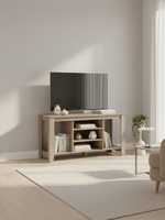 Meuble télé Belvo 48 pouces couleur bois naturel de TOCO Meubles avec étagères ouvertes dans un salon moderne