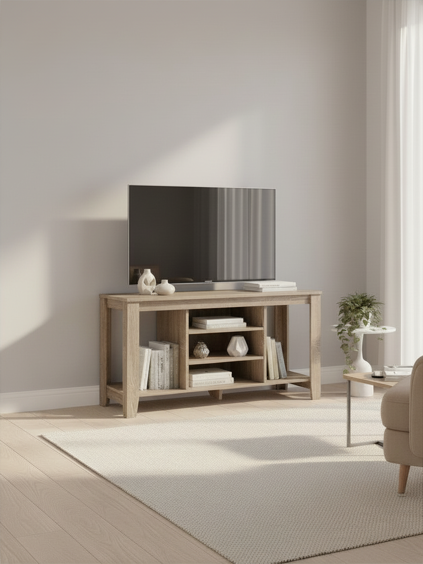 Meuble télé Belvo 48 pouces couleur bois naturel de TOCO Meubles avec étagères ouvertes dans un salon moderne