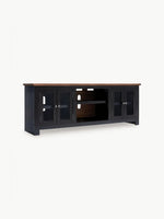 Meuble télé TOCO Meubles Belmont 76 pouces en bois noir et brun avec portes vitrées et rangement central ouvert