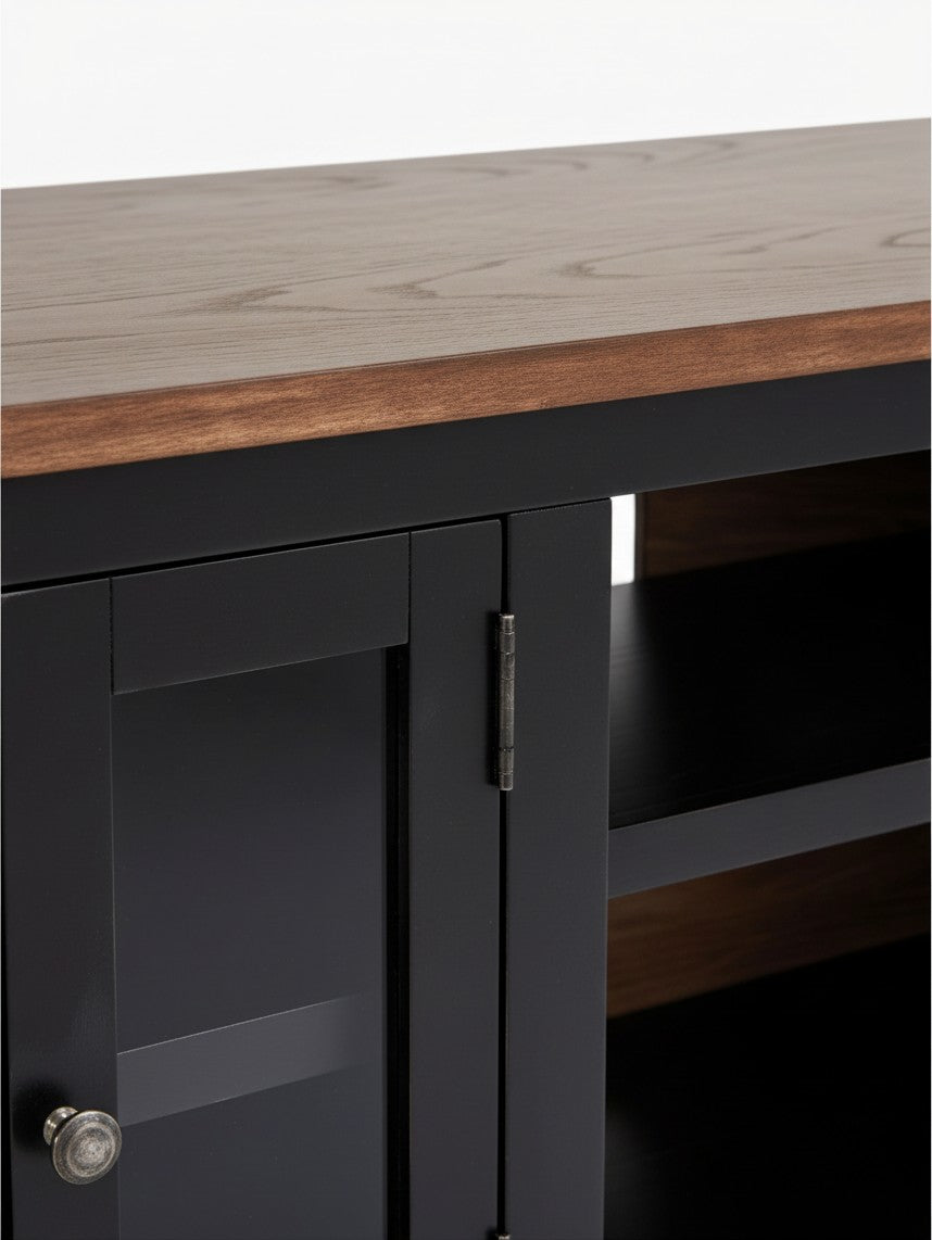 Meuble télé TOCO Meubles Belmont 76 pouces avec finition bois brun et structure noire, portes et étagères ouvertes.