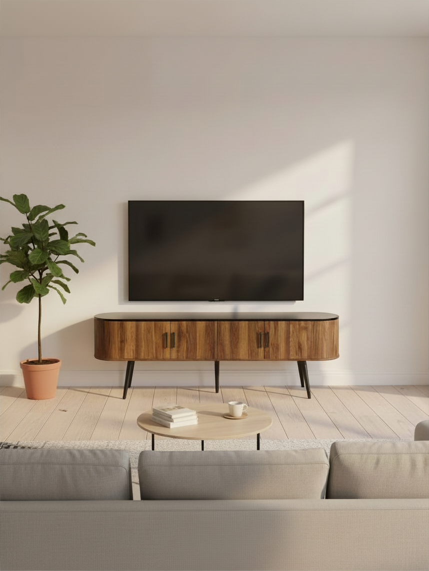 Meuble télé Vika TOCO Meubles en bois avec plateau noir et pieds effilés dans un salon moderne