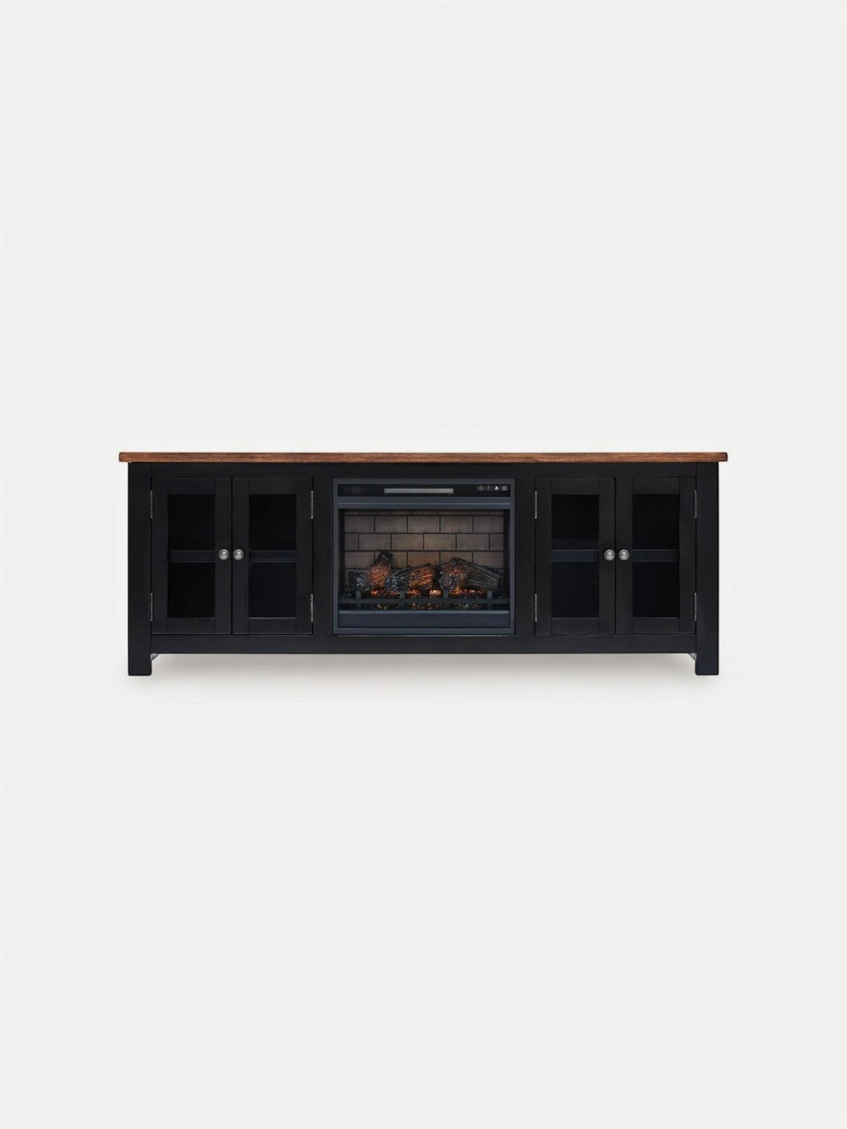 Meuble télé TOCO Meubles Belmont 76 pouces avec foyer électrique intégré, fini bois brun et noir, quatre portes vitrées