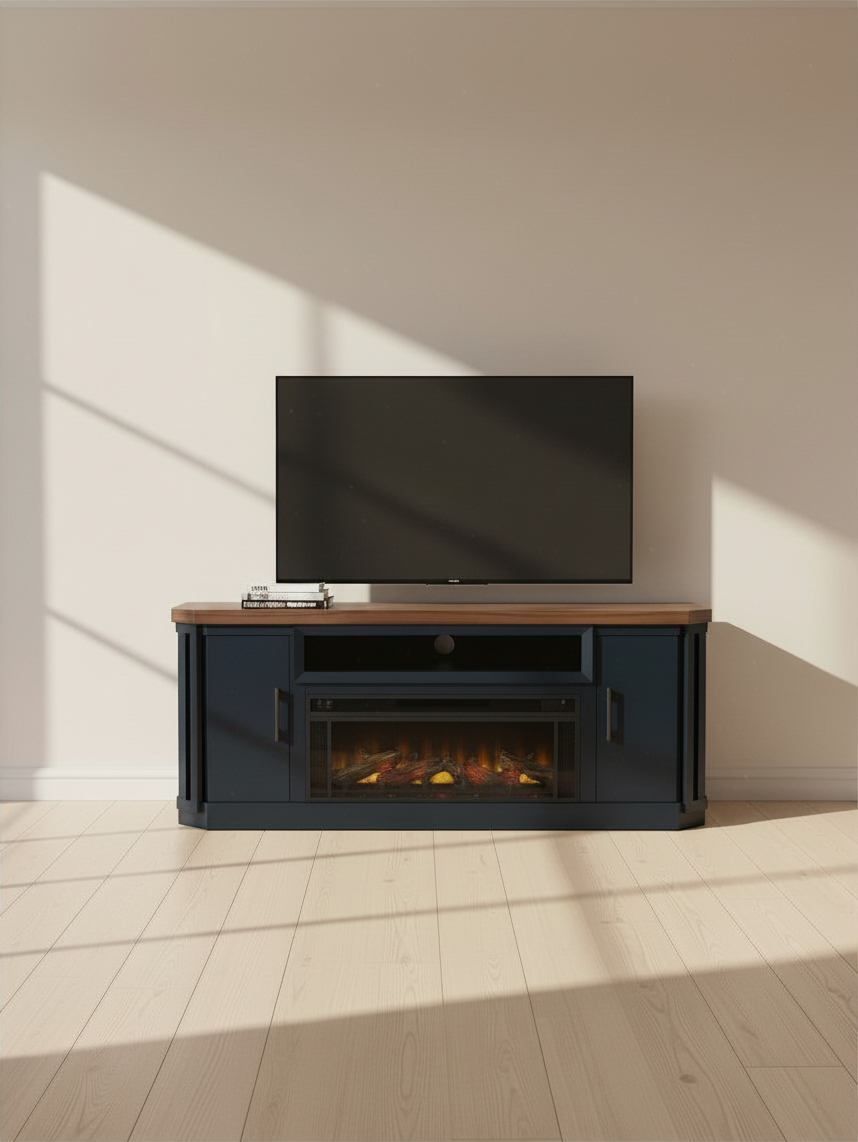 Meuble télé TOCO Meubles Léo 84 pouces bicolore bleu et bois avec foyer électrique intégré et télévision murale