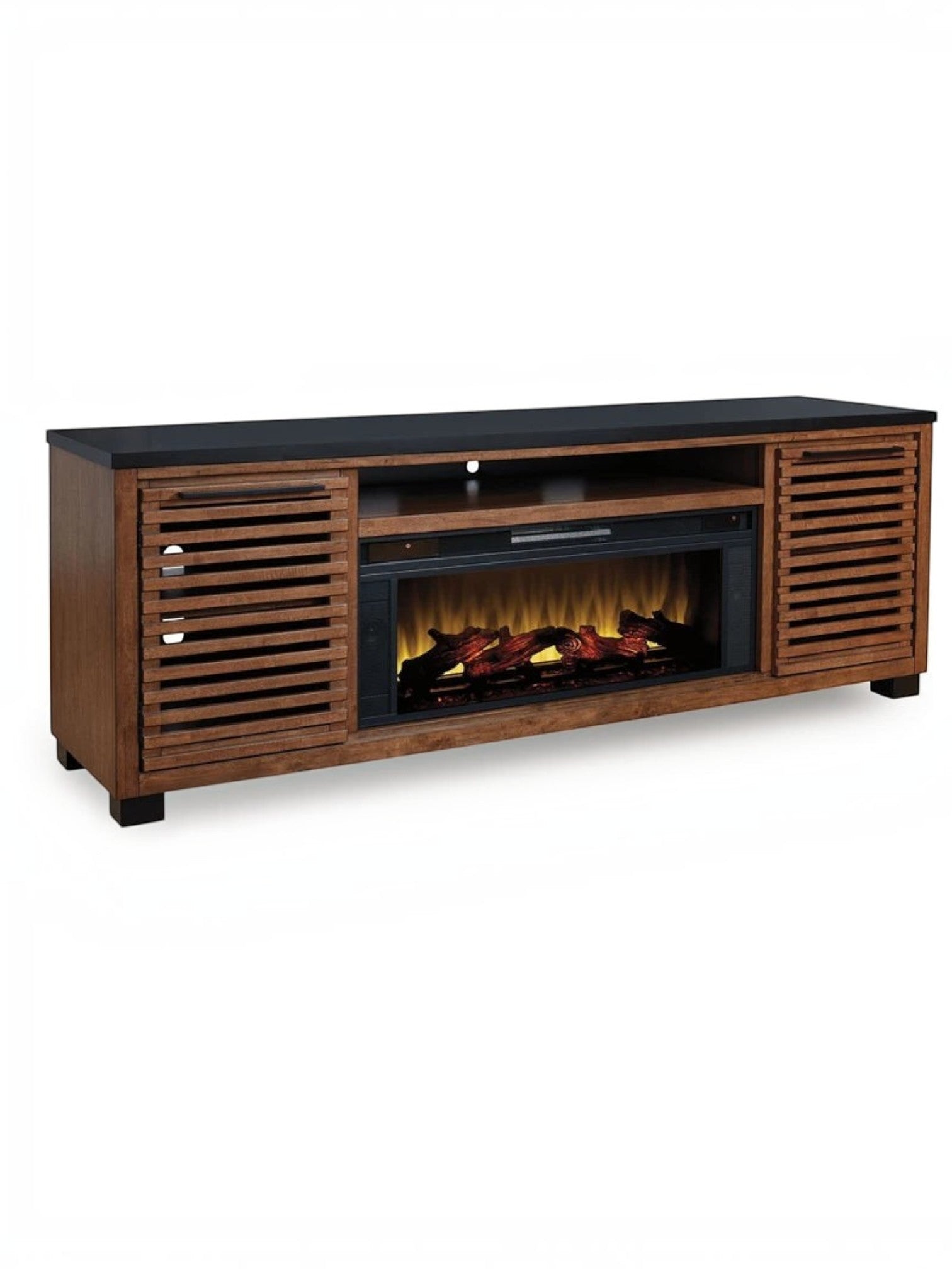 Meuble télé TOCO Meubles Victor 84 pouces en bois brun avec foyer électrique intégré et portes à lattes coulissantes