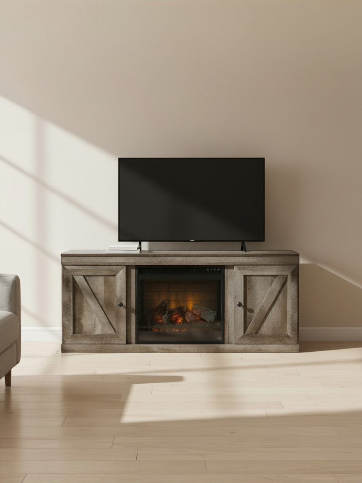 Meuble télé TOCO Meubles 60 pouces gris style rustique avec foyer électrique intégré et portes coulissantes