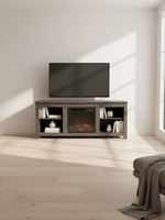 Meuble télé TOCO Meubles Laurent 58 pouces avec foyer électrique intégré et finition grise dans un salon moderne