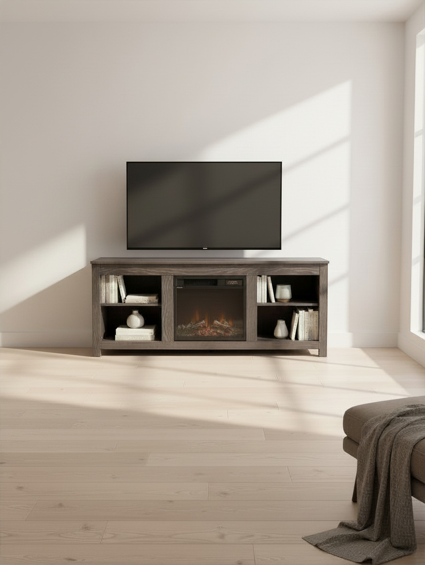 Meuble télé TOCO Meubles Laurent 58 pouces avec foyer électrique intégré et finition grise dans un salon moderne