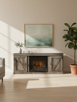 Meuble télé TOCO Meubles Wylo 60 pouces en bois gris style rustique avec foyer électrique intégré et portes coulissantes