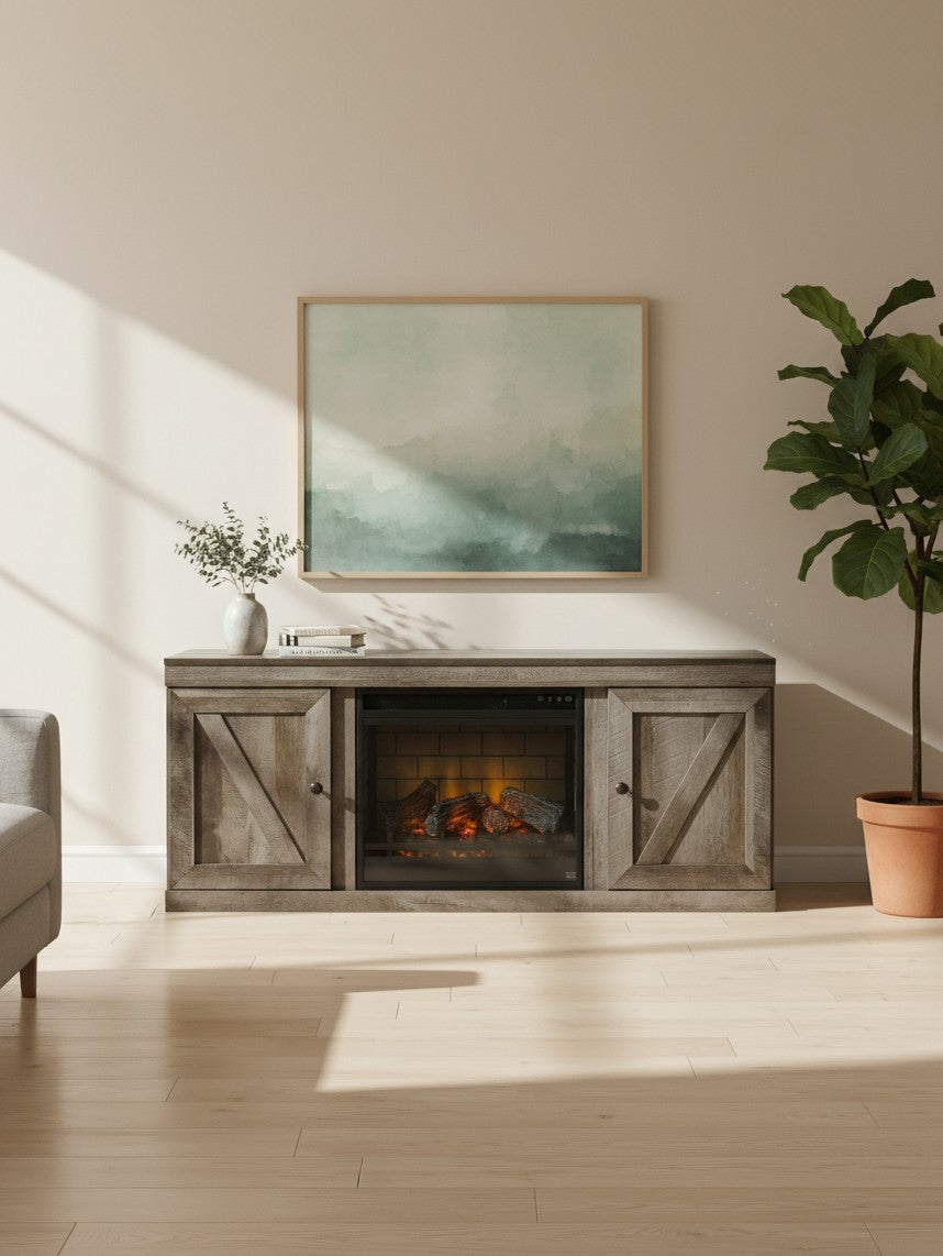 Meuble télé TOCO Meubles Wylo 60 pouces en bois gris style rustique avec foyer électrique intégré et portes coulissantes