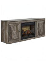 Meuble télé TOCO Meubles 60 pouces gris style rustique avec portes coulissantes et foyer électrique intégré