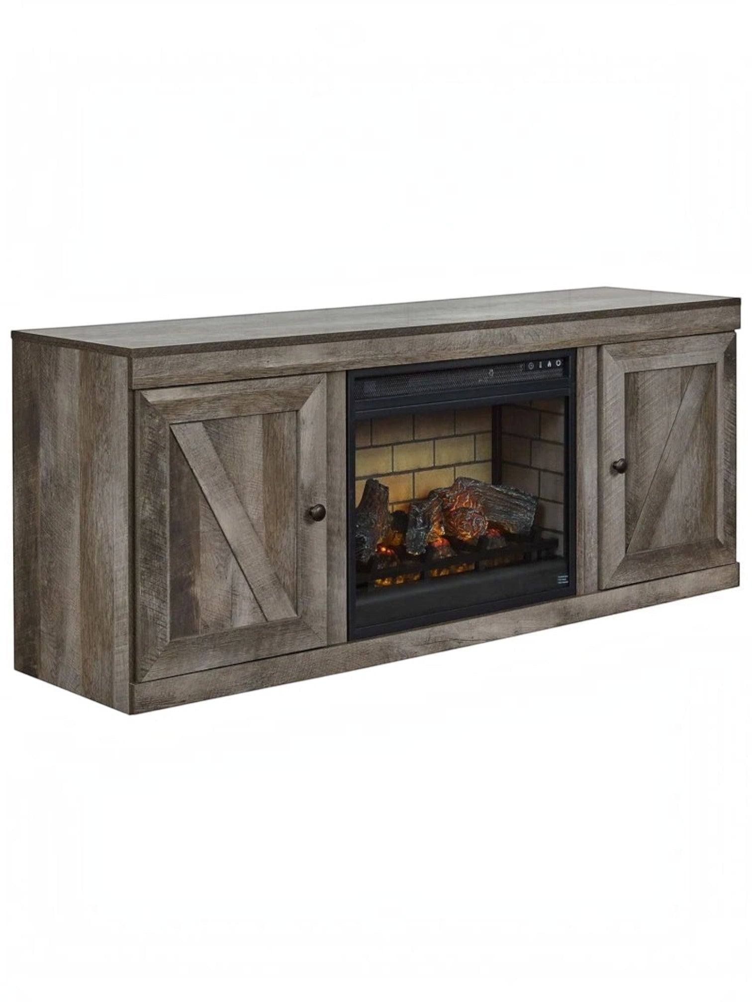 Meuble télé TOCO Meubles 60 pouces gris style rustique avec portes coulissantes et foyer électrique intégré