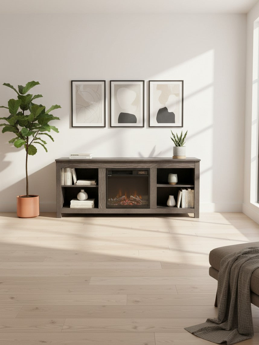 Meuble télé avec foyer électrique Laurent 58 pouces gris de TOCO Meubles dans un salon moderne et lumineux