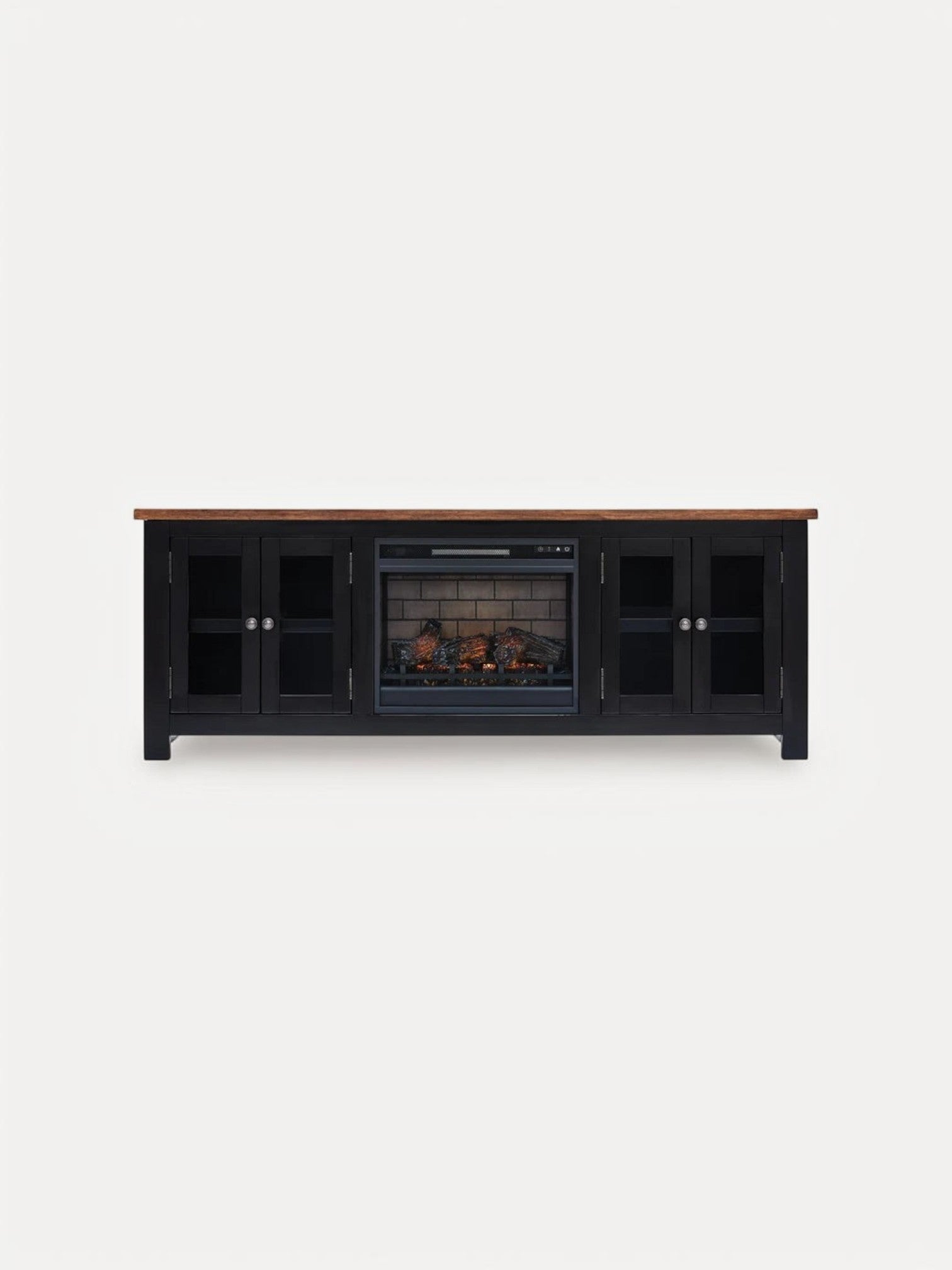Meuble télé TOCO Meubles Belmont 76 pouces noir avec foyer électrique intégré et plateau supérieur en bois brun