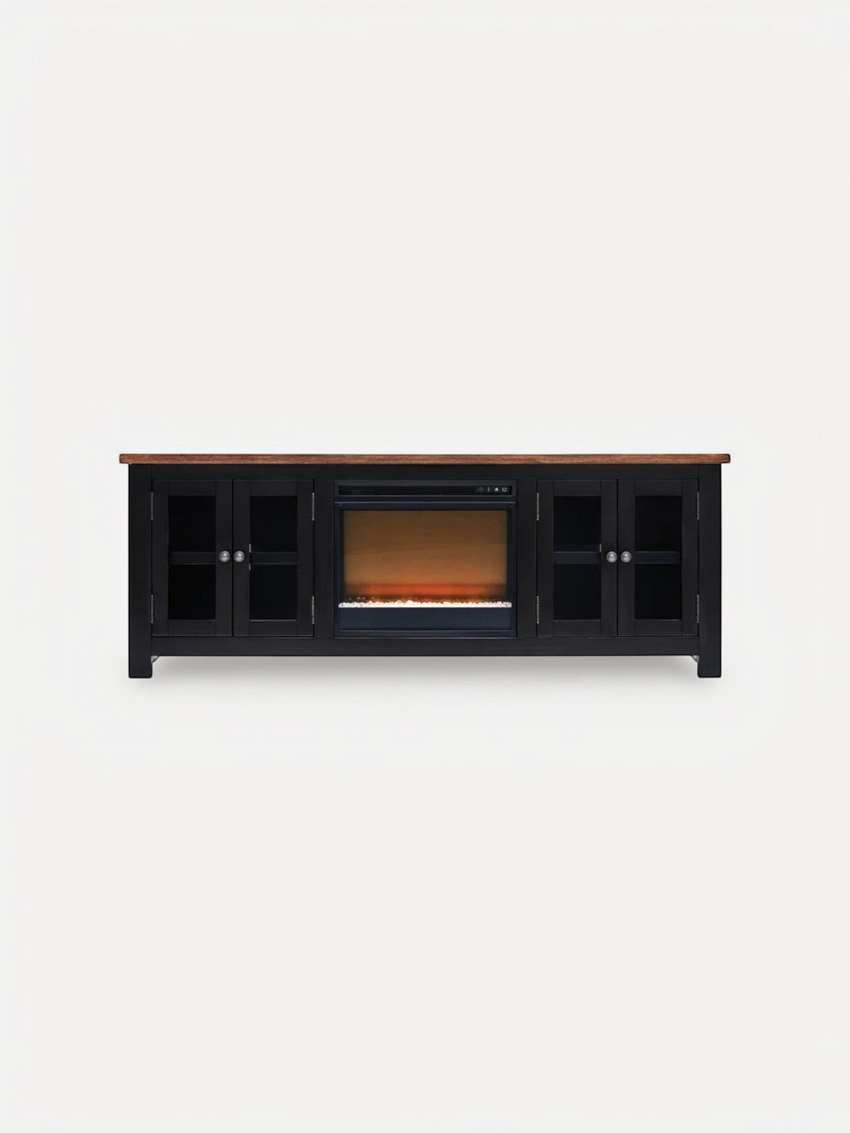 Meuble télé TOCO Meubles Belmont 76 pouces noir avec dessus en bois brun et foyer électrique intégré