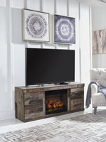 Meuble télé TOCO Meubles Derek 60 pouces en bois gris rustique avec foyer électrique intégré et tiroirs de rangement