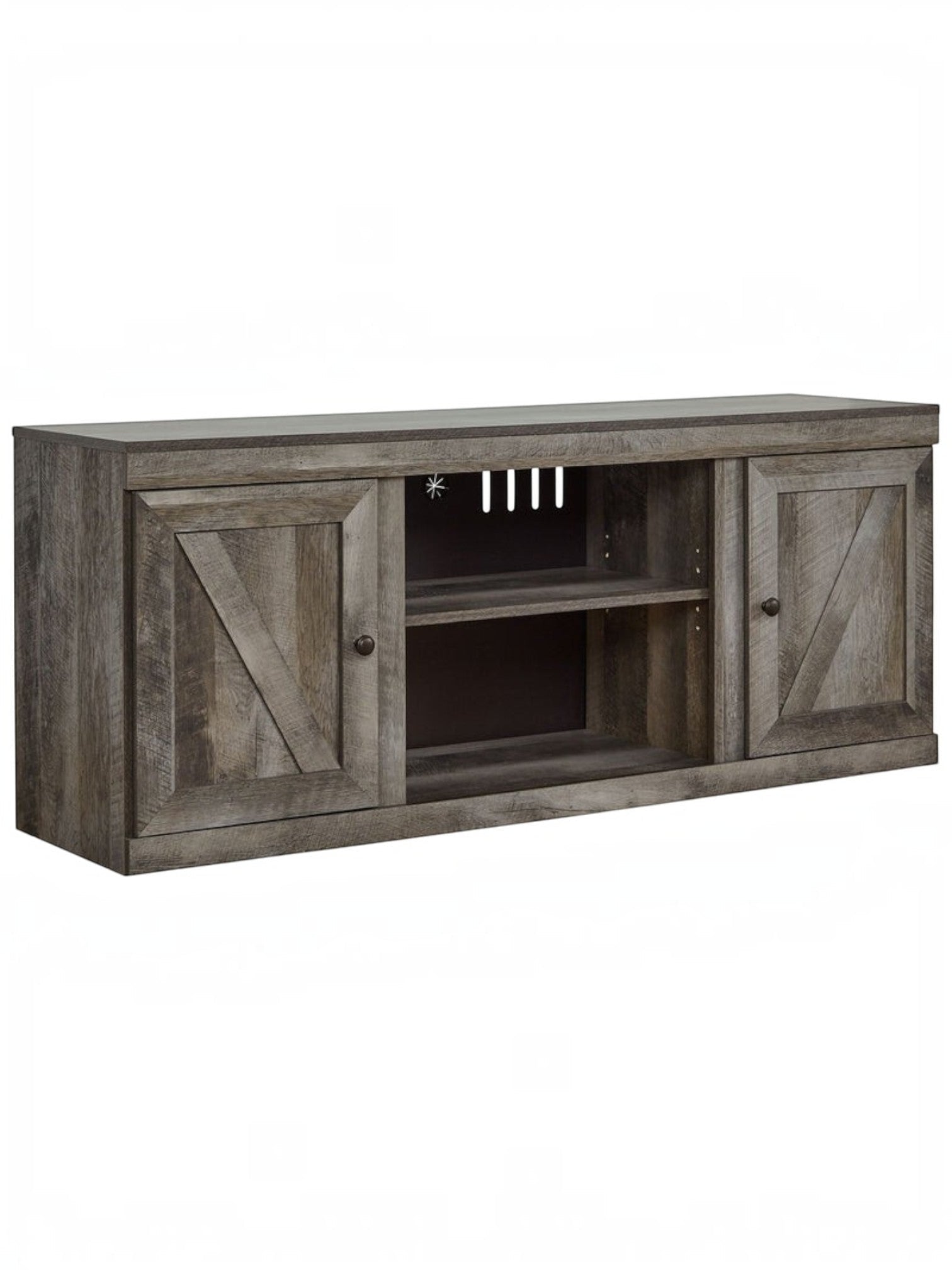 Meuble télé TOCO Meubles 60 pouces gris style rustique avec portes coulissantes façon grange et étagères centrales
