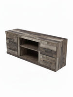 Meuble télé Derek 60 pouces de TOCO Meubles en bois gris rustique avec tiroirs et étagère centrale ouverte