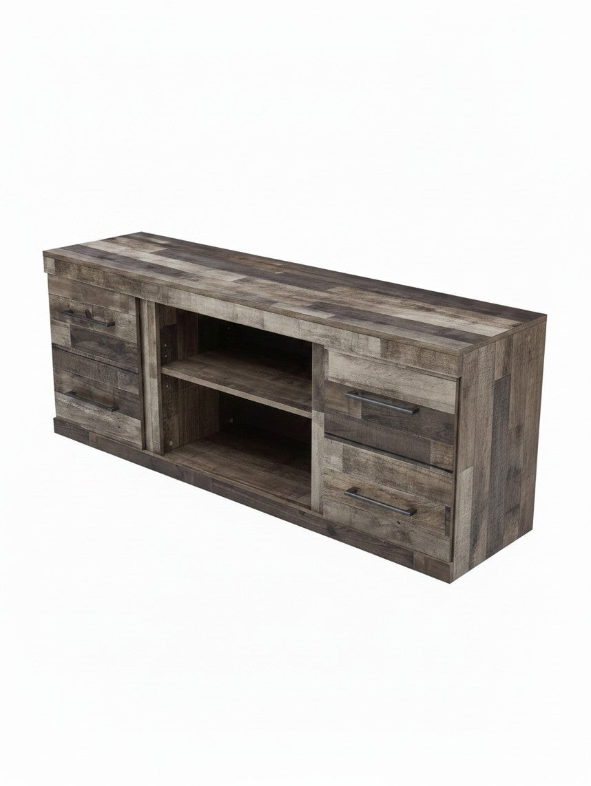 Meuble télé Derek 60 pouces de TOCO Meubles en bois gris rustique avec tiroirs et étagère centrale ouverte
