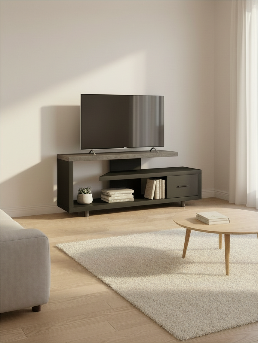 Meuble télé Hano 60 pouces de TOCO Meubles avec fini noir et gris, étagères ouvertes et tiroir de rangement moderne.
