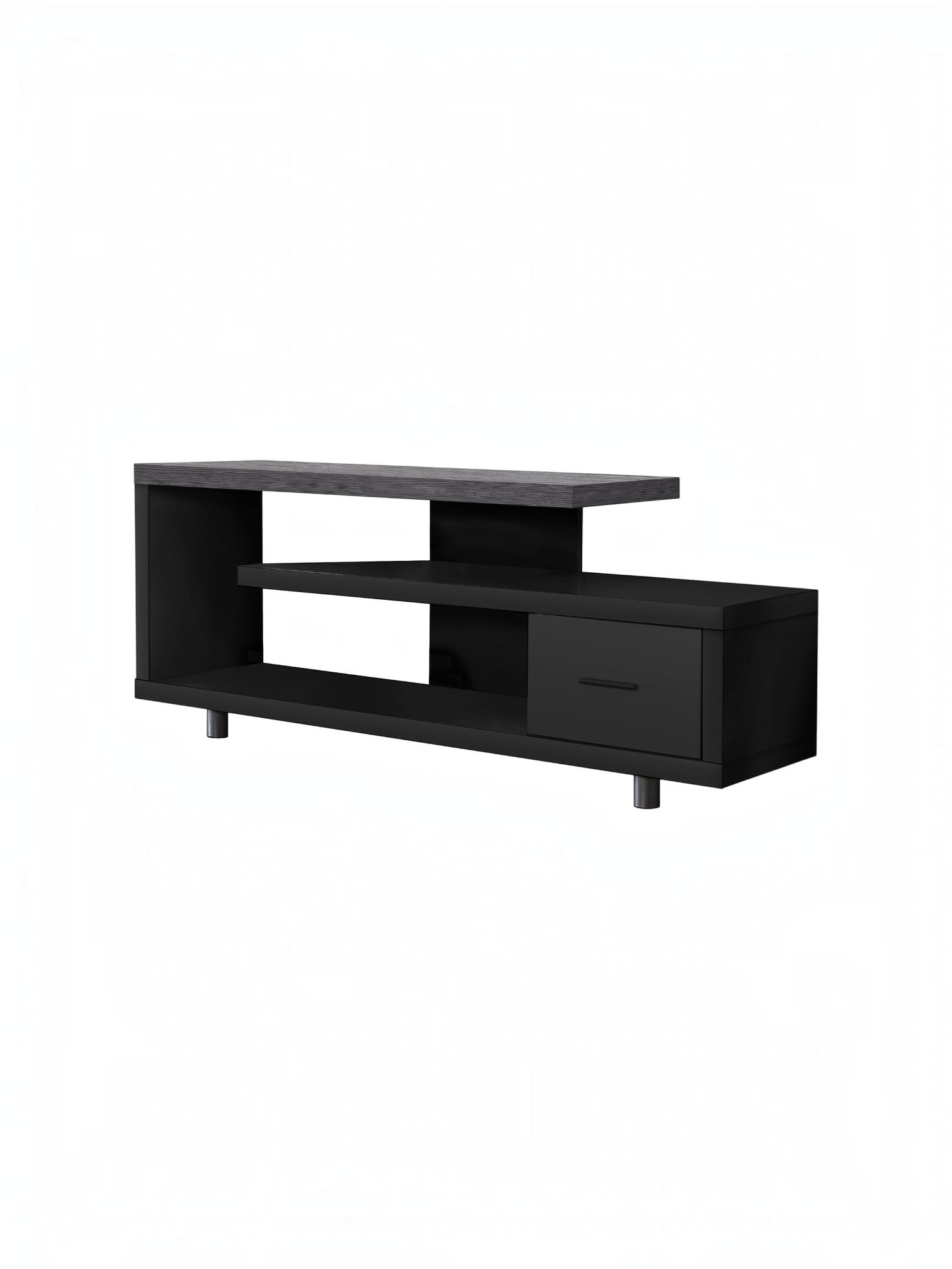 Meuble télé Hano 60 pouces de TOCO Meubles, design moderne noir avec étagères ouvertes et un tiroir de rangement.