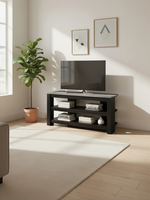 Meuble télé Havi 42 pouces de TOCO Meubles avec étagères ouvertes, fini noir et dessus gris dans un salon moderne.