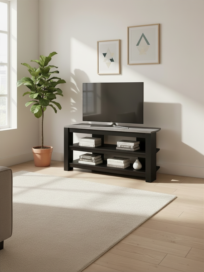Meuble télé Havi 42 pouces de TOCO Meubles avec étagères ouvertes, fini noir et dessus gris dans un salon moderne.