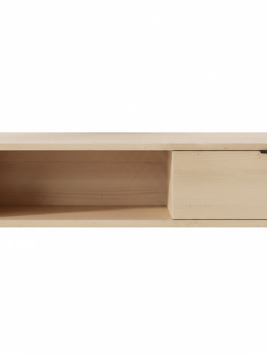 Meuble télé mural TOCO Meubles Lévio en bois clair avec une niche ouverte et une armoire de rangement fermée
