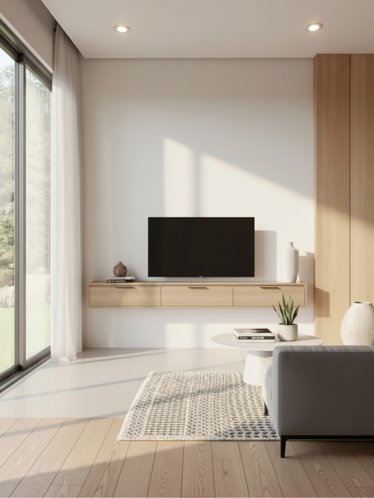 Meuble télé mural Lévio TOCO Meubles en bois clair avec trois compartiments de rangement dans un salon moderne