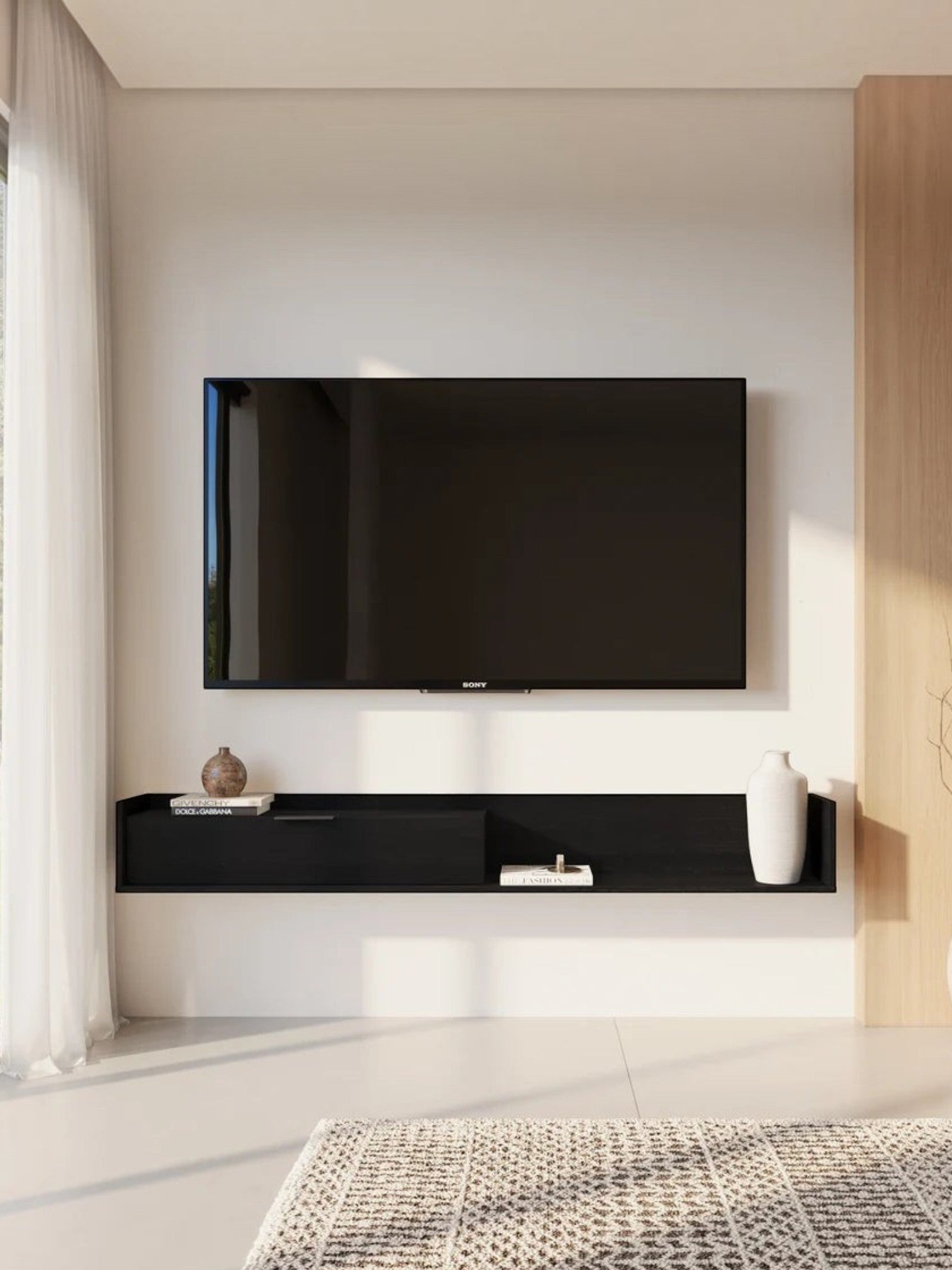 Meuble télé mural TOCO Meubles Lévio noir de 72 pouces avec espace de rangement et design minimaliste moderne