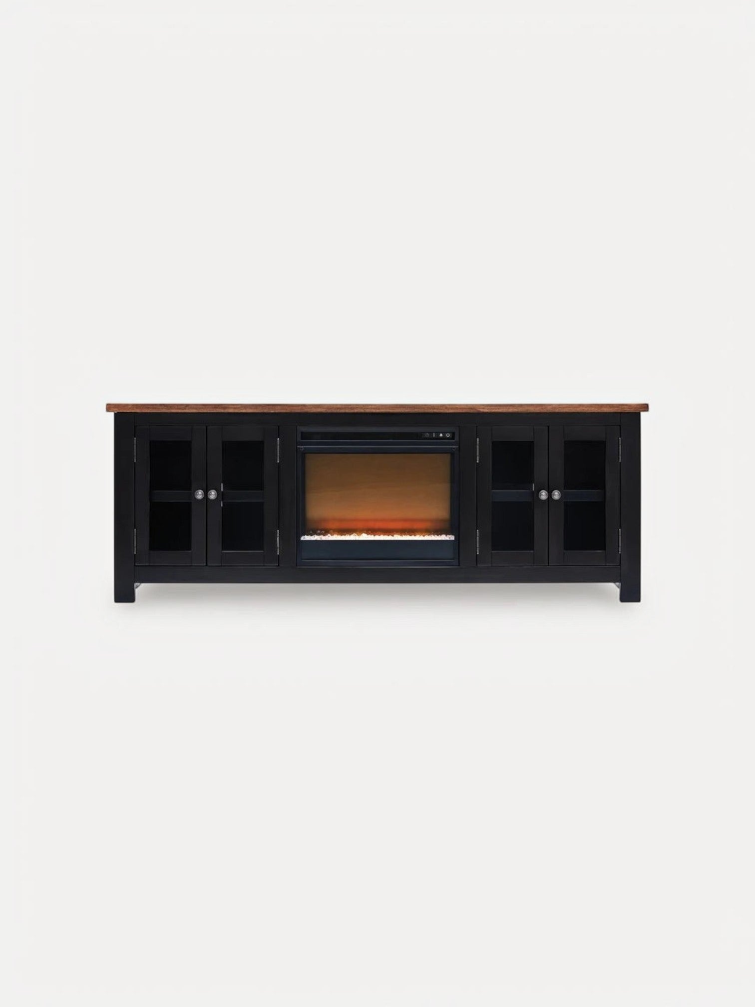 Meuble télé TOCO Meubles Belmont 76 pouces noir avec plateau en bois et foyer électrique intégré