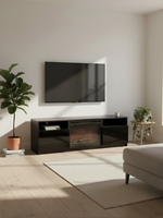 Meuble télé TOCO Meubles Lorio 70 pouces noir lustré avec foyer électrique intégré dans un salon moderne