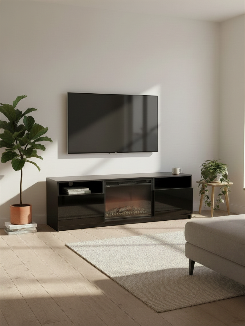 Meuble télé TOCO Meubles Lorio 70 pouces noir lustré avec foyer électrique intégré dans un salon moderne