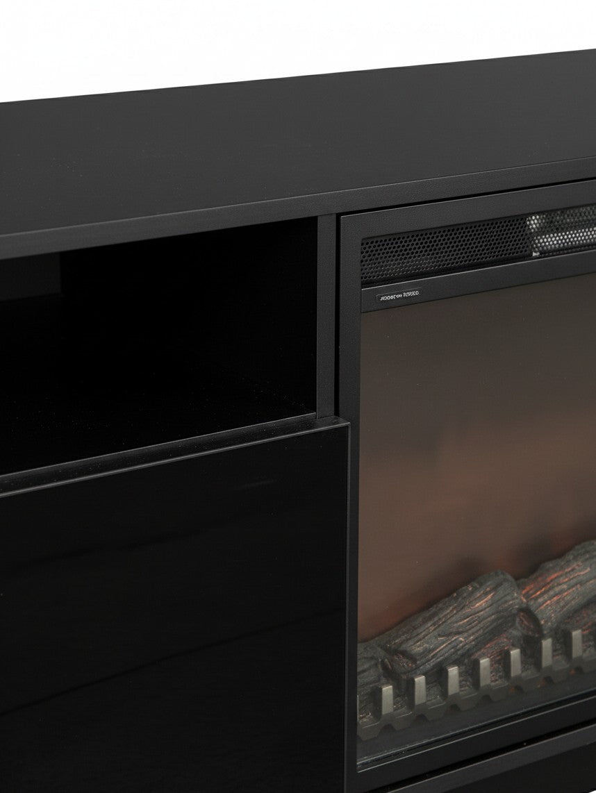 Meuble télé TOCO Meubles Lorio 70 pouces noir lustré avec foyer électrique intégré et compartiment de rangement