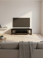 Meuble télé TOCO Meubles Ovaro 63 pouces noir avec éclairage LED intégré dans un salon moderne