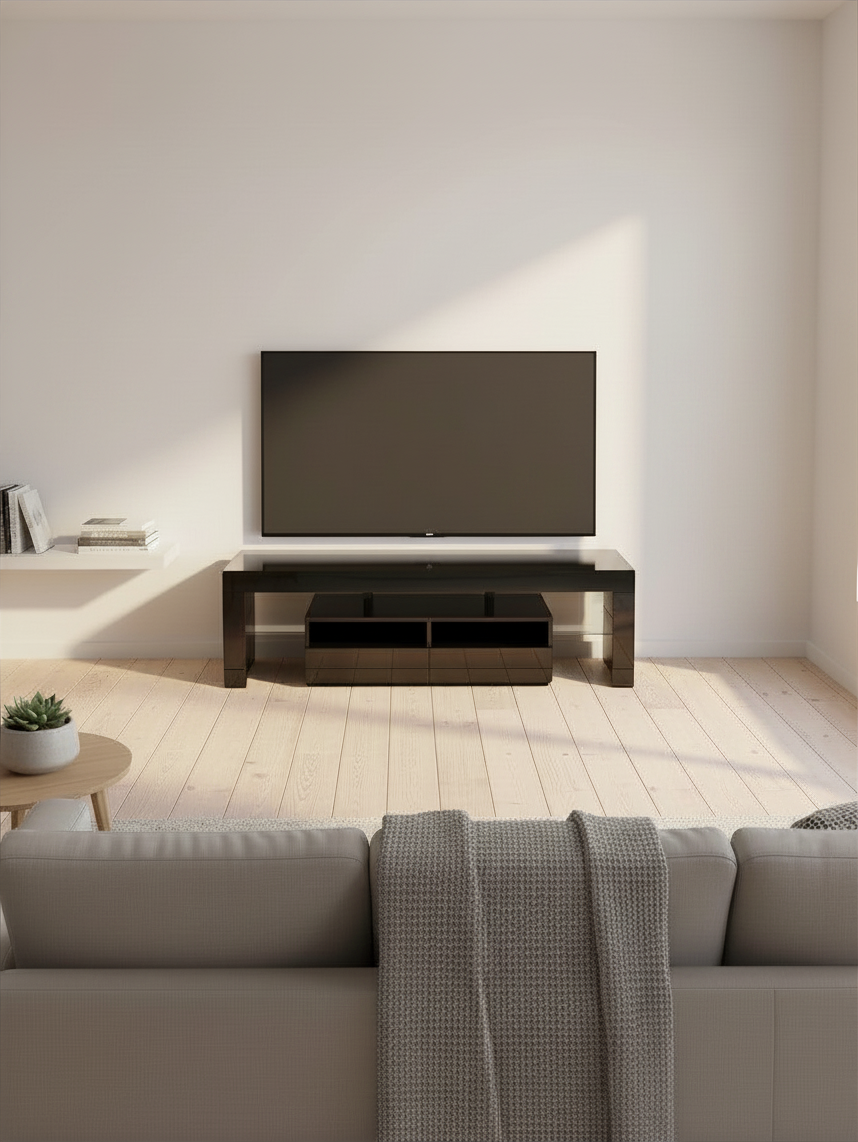 Meuble télé TOCO Meubles Ovaro 63 pouces noir avec éclairage LED intégré dans un salon moderne