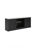 Meuble télé TOCO Meubles Mael 63 pouces noir avec portes rainurées, dessus effet marbre et poignées dorées