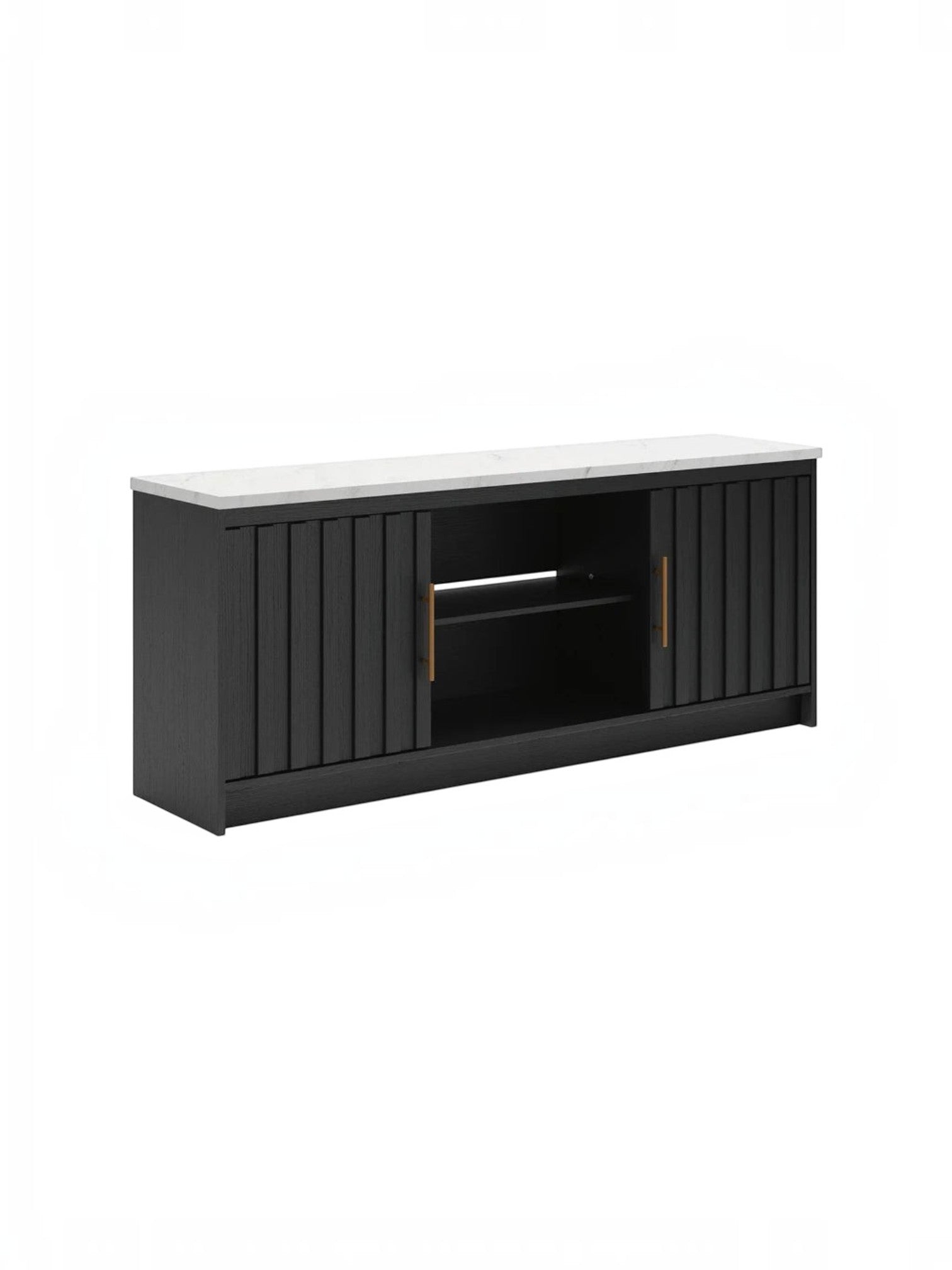 Meuble télé TOCO Meubles Mael 63 pouces noir avec portes rainurées, dessus effet marbre et poignées dorées