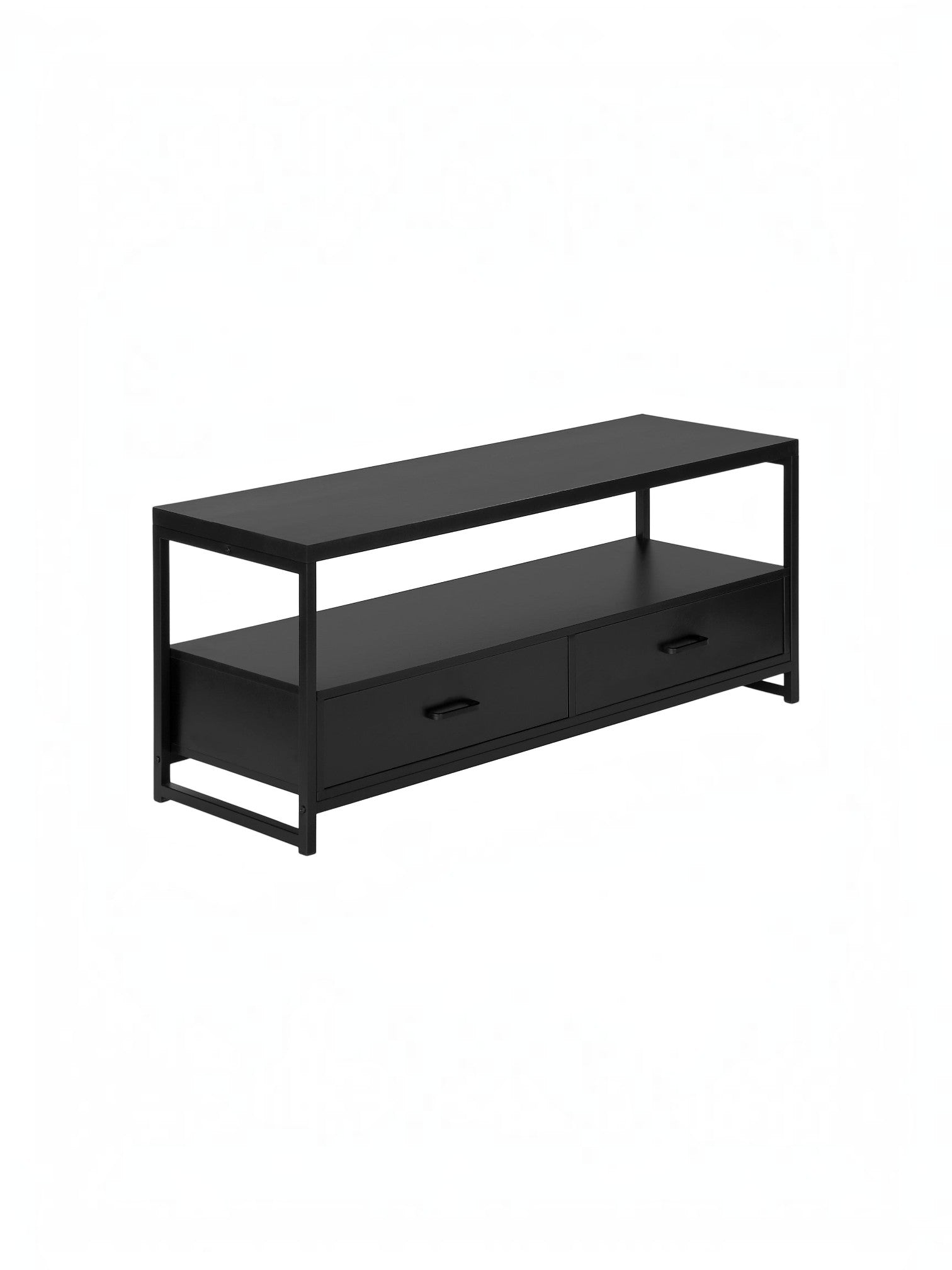 Meuble télé Yori 48 pouces noir de TOCO Meubles avec deux tiroirs et une étagère ouverte au design moderne