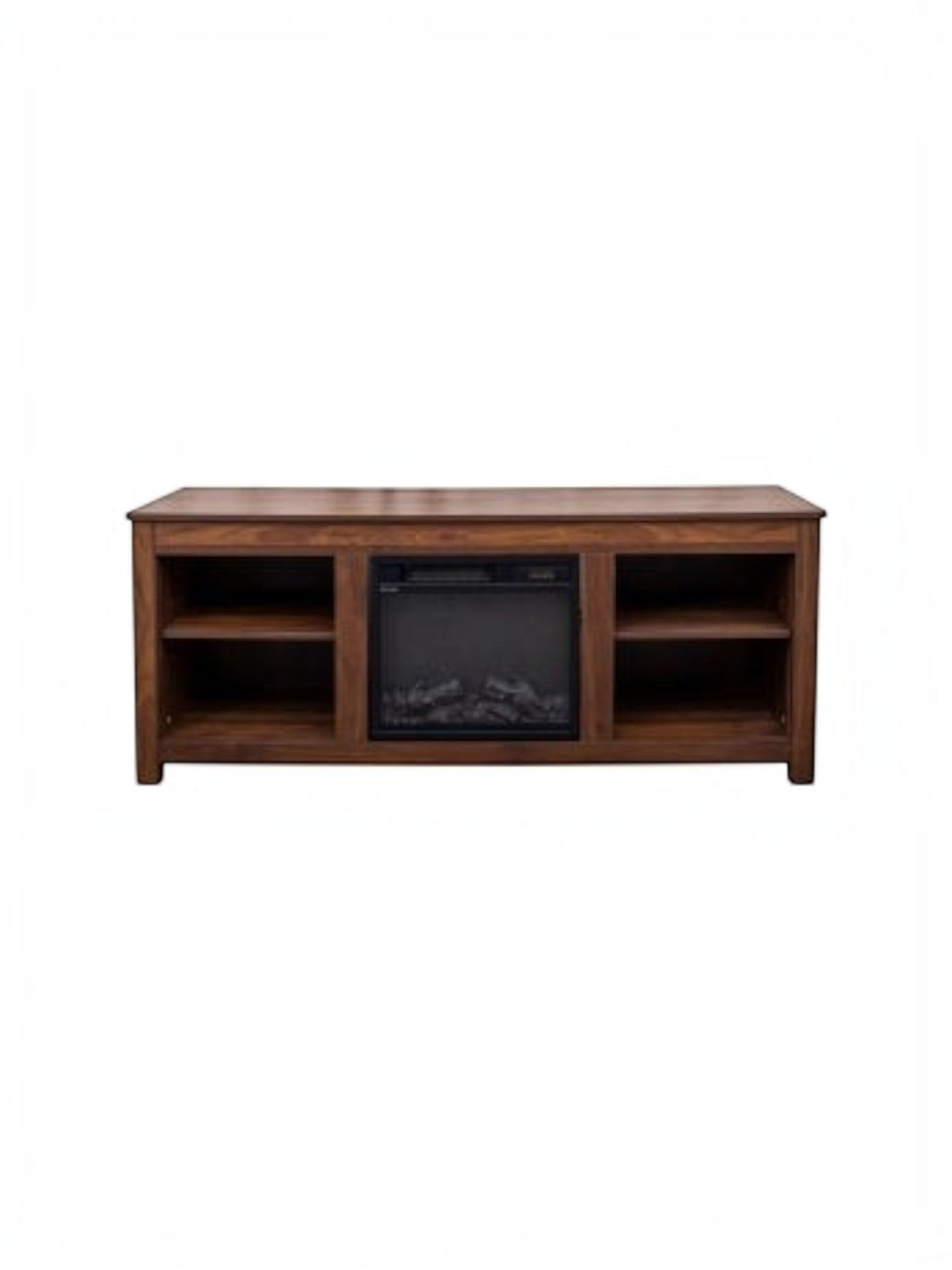 Meuble télé TOCO Meubles Laurent 58 pouces en bois couleur noyer avec foyer électrique intégré et étagères latérales