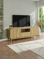 Meuble télé Olivia TOCO Meubles en bois clair avec portes striées et niche centrale dans un salon moderne